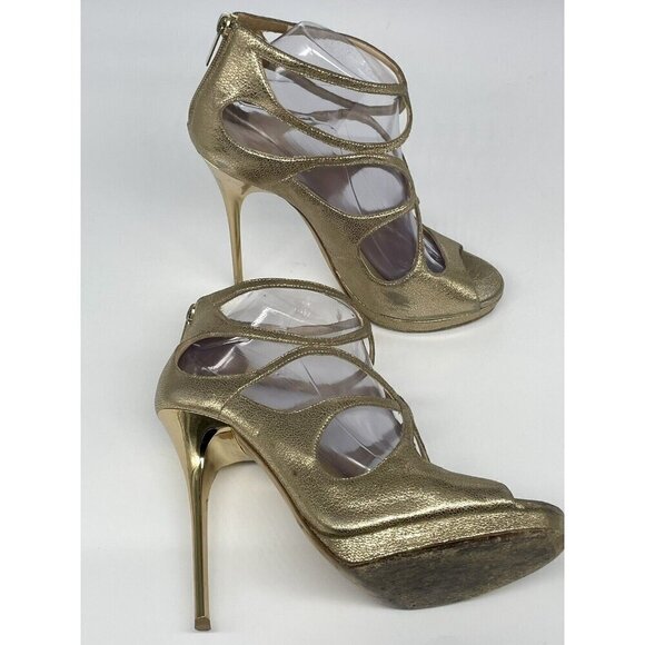 Jimmy Choo Sandals  Gold Strappy Open-Toe Platform Heels Size 39 Wedding Party - Picture 3 of 7